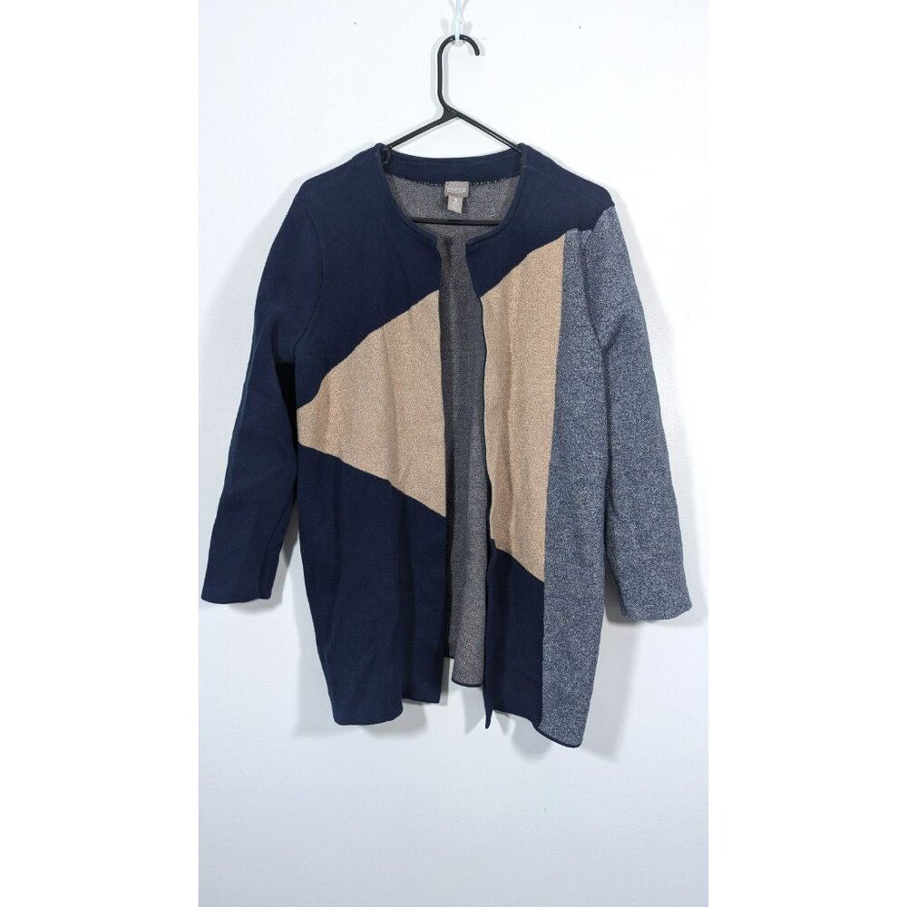 Chicos‎ Size 3 Open Front Sweater Cardigan Blue Beige Navy Brown